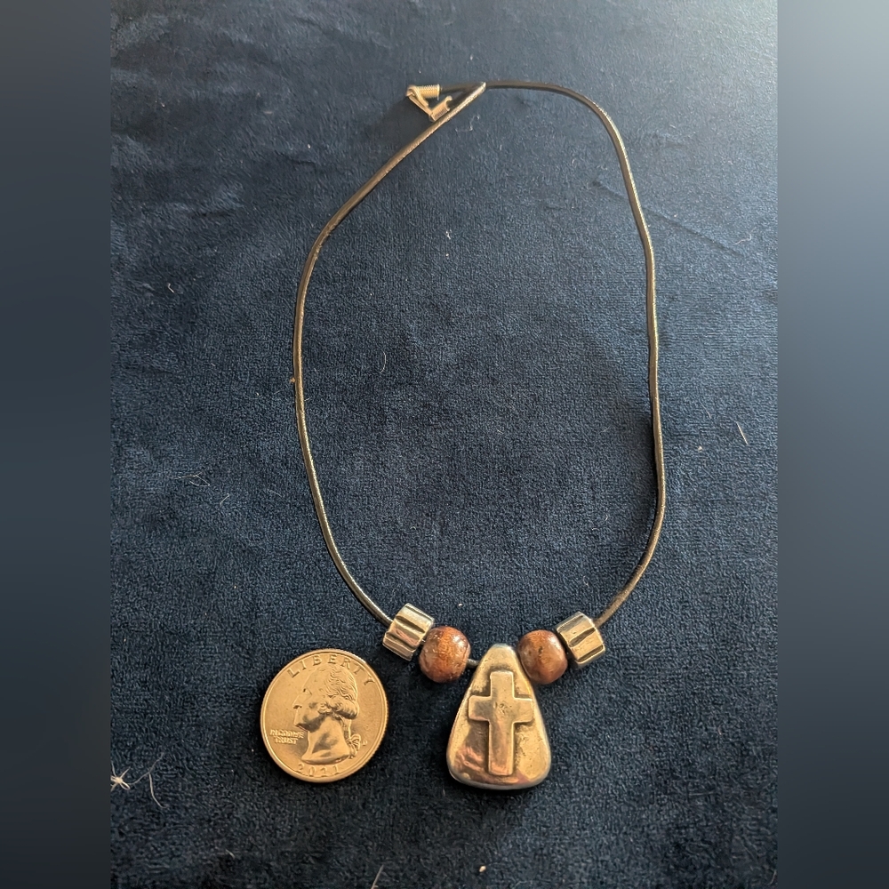 Silver and Brown Cross Pendant Necklace